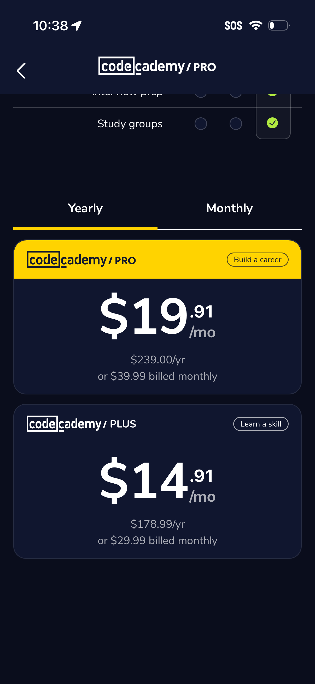 codeacademy-go pricing screenshot